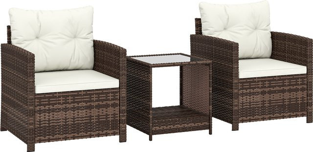 Outsunny Rattan Bistroset Cremeweiß, 3-teiliges Gartenmöbel-Set mit 2 Sesseln und 2-Ebenen Glastisch - Bild 1