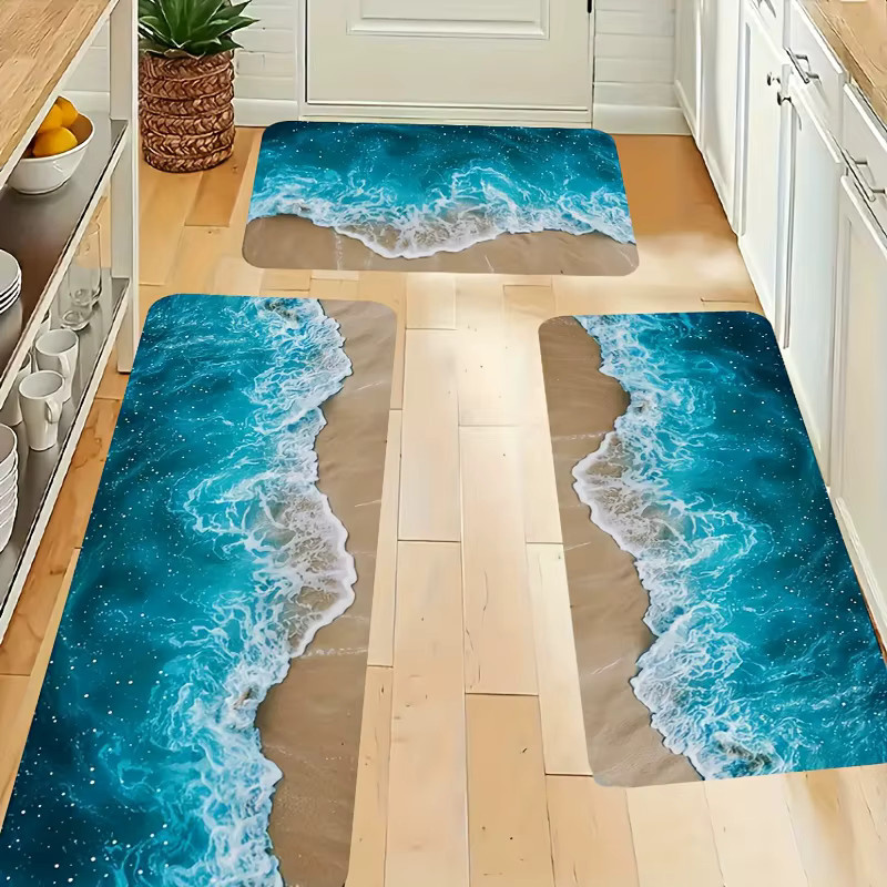 VIKAMA Teppich im Ozean-Strand-Stil, blau, wasserabweisend und fleckenresistent, ideal für Küche, Badezimmer oder Flur - Bild 2