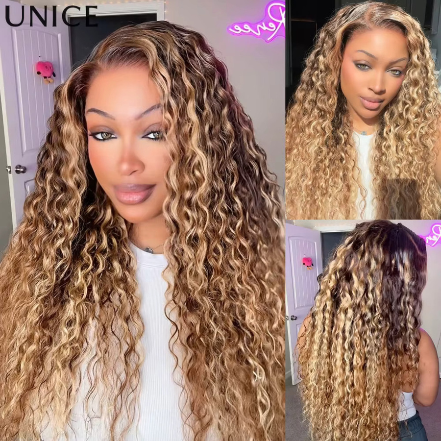 UNice Wasserwellen-Perücke, Honigblonde Highlights, 150 % Dichte, Echthaarperücke - Bild 4