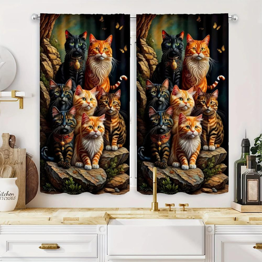 Yiran Furniture Fenstervorhänge mit Tierkatzen-Print, 2er-Set, halbtransparent, Polyester, Mehrfarbig, Breite: 50 cm, Höhe: 140 cm - Bild 1
