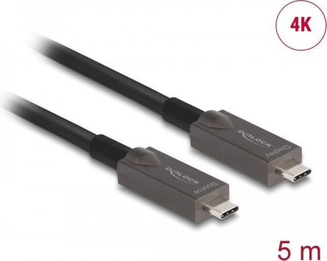 Delock Aktives Optisches USB-C Kabel Schwarz, USB 3.2 Gen 2, 5,0m, unterstützt 4K UHD, DisplayPort 1.4 und USB Power Delivery 60W - Bild 1