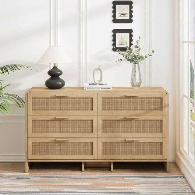 MUVOE Eckregal aus Rattan mit 6 Schubladen, Farbe: Beige, Höhe: 130 cm - Bild 1