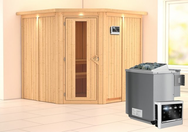 Karibu Sauna Jorma Bio-Kombisauna aus Fichte mit 9,0 kW Bio-Ofen, externem LED-Steuergerät und Dachkranz in Natur/Braun/Weiss, B/T/H: 210 x 202 x 210 cm - Bild 1