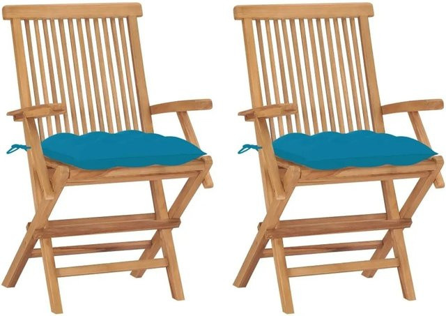 vidaXL Gartenstühle aus Teakholz mit hellblauen Kissen, 2er Set - Bild 1