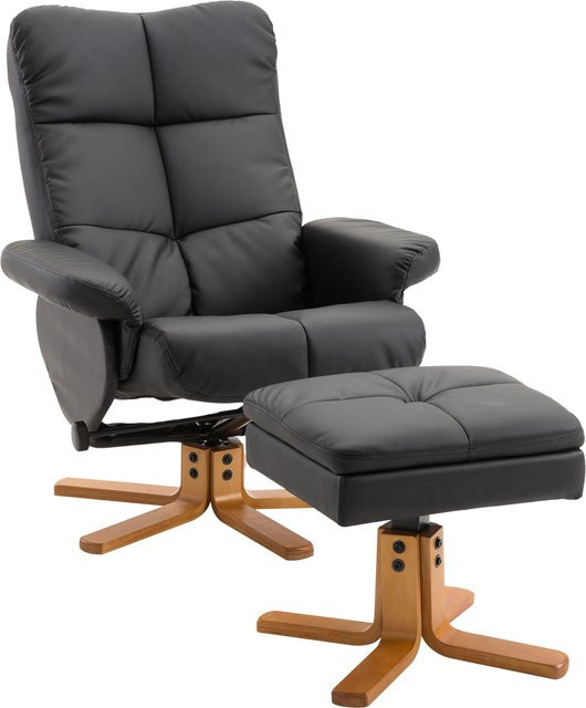 HOMCOM Relaxsessel mit Hocker, 360° drehbar mit Liegefunktion, Kunstleder und Holzgestell, Schwarz, B: 86 cm, H: 99 cm, T: 80 cm - Bild 1