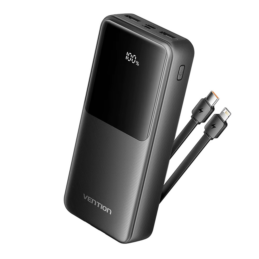 Vention Powerbank 20000mAh mit 22,5W Schnellladefunktion und integrierten USB-C und Lightning Kabeln in Schwarz - Bild 6