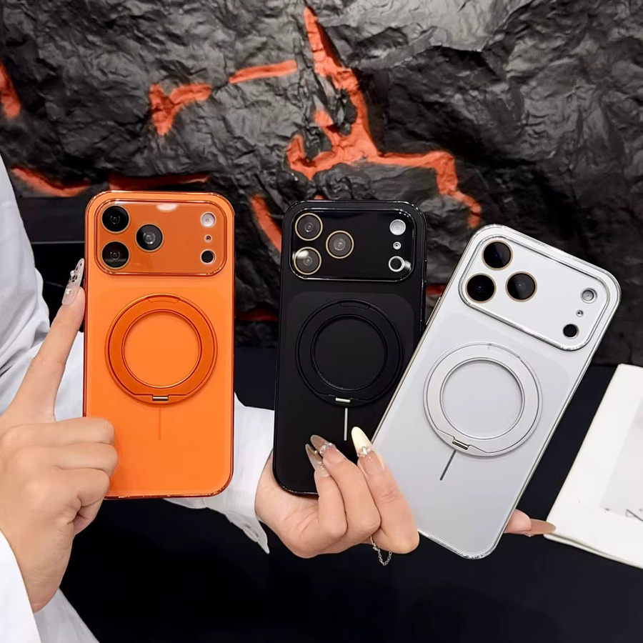Magnetische Handyhülle mit Ring-Drehständer und Objektivschutzfolie für iPhone 17 16 15 14 13 12 Pro Max, Farbe: Orange, MagSafe kompatibel - Bild 1