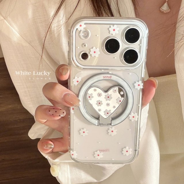 Potdemiel Handyhülle mit koreanischem Blumenmuster und magnetischem Liebesherz-Spiegel für iPhone 17 16 15 14 13 Pro Max, Transparent, Stoßfest und Weich - Bild 1