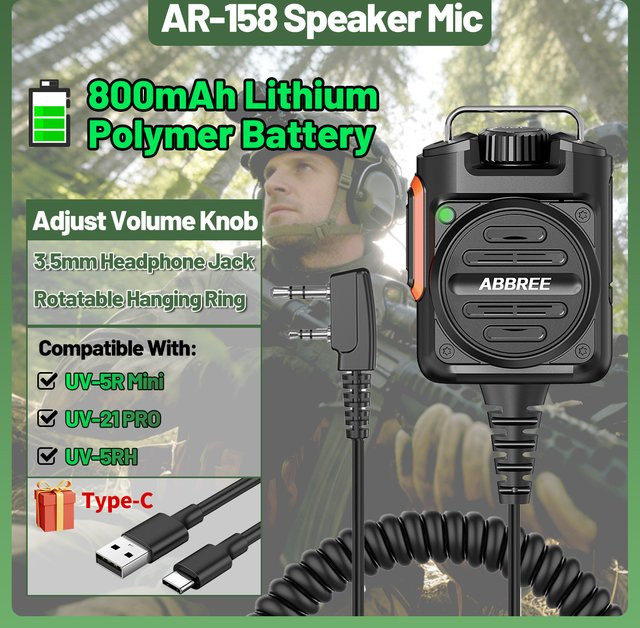 ABBREE AR-158 Wiederaufladbares Walkie-Talkie-Mikrofon mit Lautsprecher und Lautstärkeregelung via USB-C für Baofeng UV 5R MINI und Quansheng UV K5 in Schwarz oder Grün - Bild 1