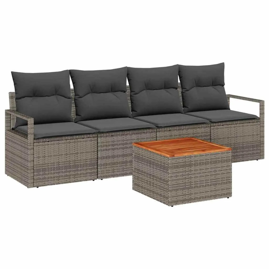vidaXL Garten-Sofa-Set 5-teilig in Grau mit Poly-Rattan, pulverbeschichtetem Stahl und Akazienholz - Bild 2