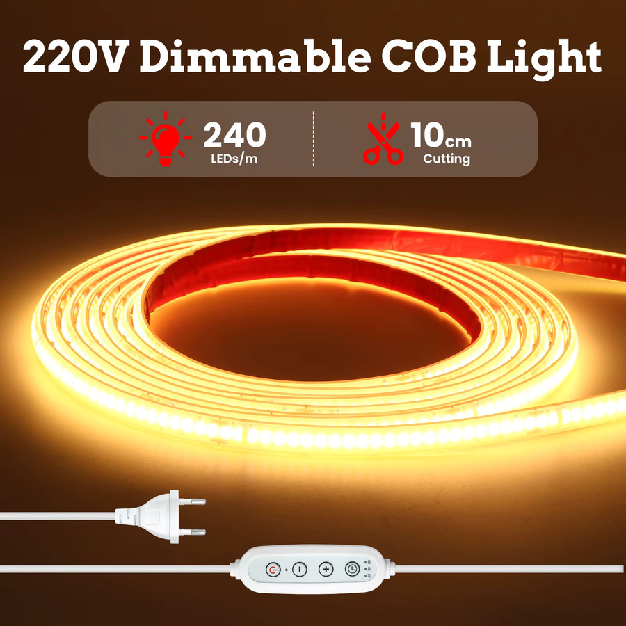 HEGEHE COB LED-Lichtstreifen IP67 Wasserdicht mit Dimmer-Kit, 220V, Selbstklebend, Silikon-LED-Band in Weiß - Bild 2
