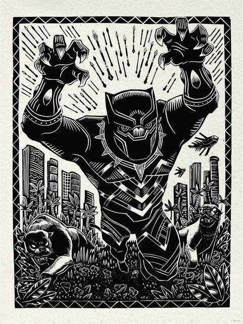 Komar Wandbild Marvel Black Panther Lino-Cut Paper Poster Schwarz-Weiß, Breite: 30 cm, Höhe: 40 cm - Bild 1