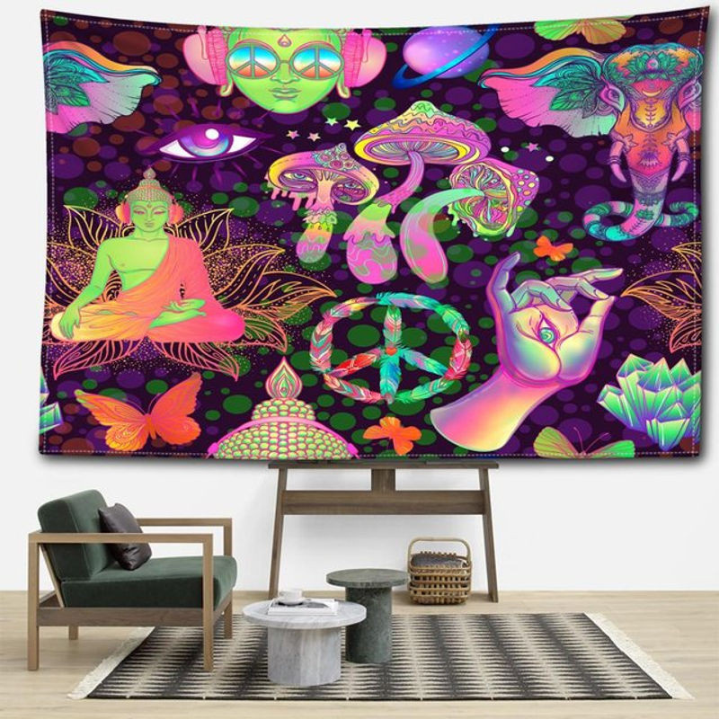 Abstrakter Wandteppich mit Pilzen und Buddha-Statuen im Bohemian Stil von Super Six, mehrfarbig, B/H: 95 x 73 cm - Bild 1