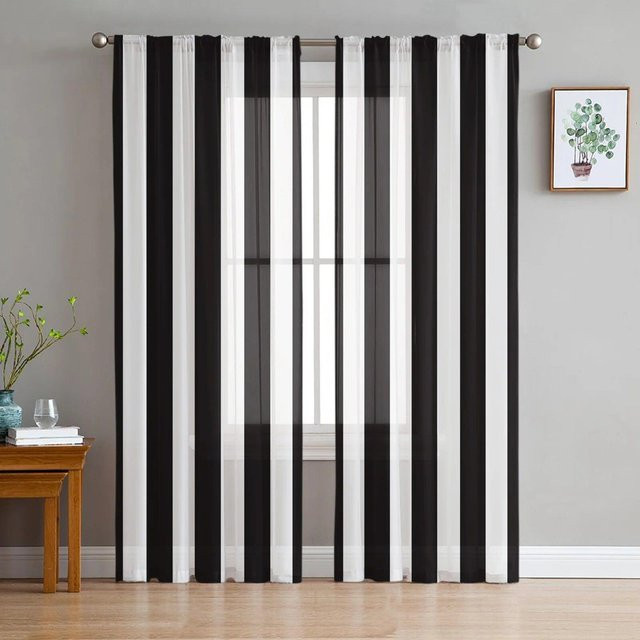 A Family Of Home Textiles Transparente Tüll-Vorhänge mit schwarz-weißen vertikalen Streifen, 2er-Set, Breite: 135 cm, Höhe: 213 cm - Bild 1