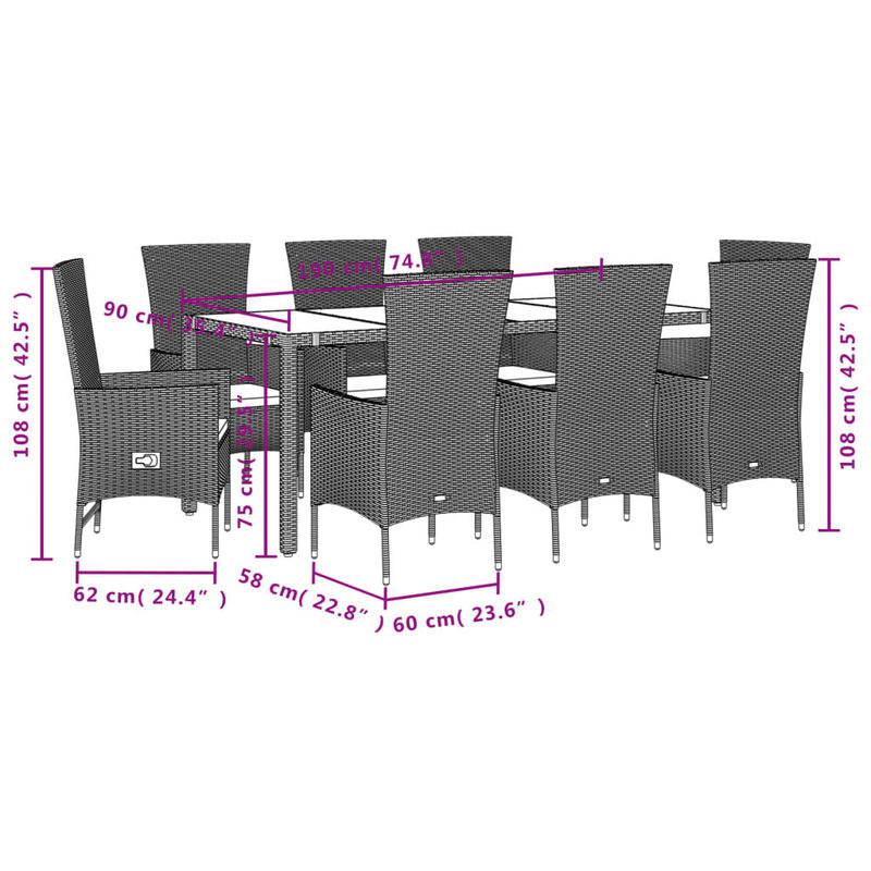 vidaXL 9-teilige Garten-Essgruppe aus Poly Rattan in Beige mit Kissen und Hartglas-Tischplatte - Bild 3