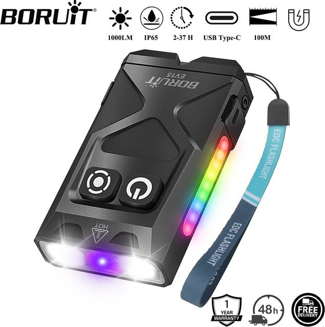 BORUiT EV15 UV-LED-EDC-Taschenlampe mit 1000 lm, wiederaufladbare Arbeitsleuchte mit USB-C und Magnetclip, wasserdichte Camping-Taschenlampe - Bild 1