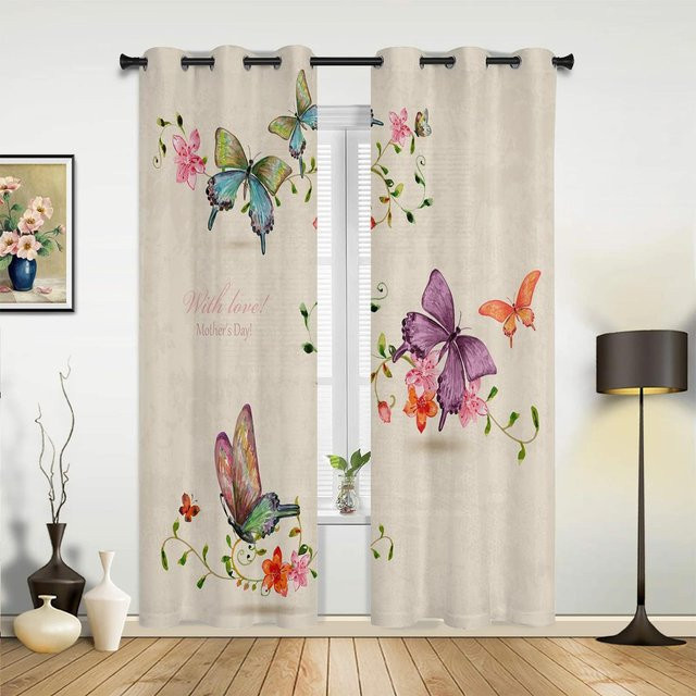 Retro Fenster Vorhang mit Kirschblüten und Schmetterling Design in Beige, halbtransparent, Breite: 135 cm, Höhe: 60 cm - Bild 1