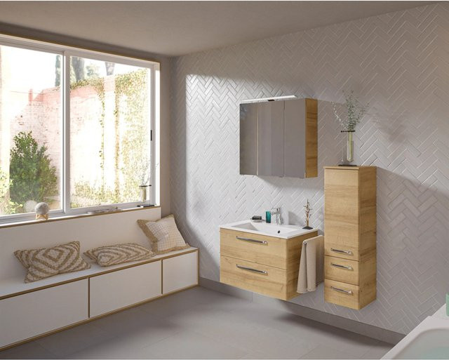 Pelipal Badmöbel-Set Trentino in Weiß mit Waschtischunterschrank, 3D-Spiegelschrank und Waschtisch - Bild 1