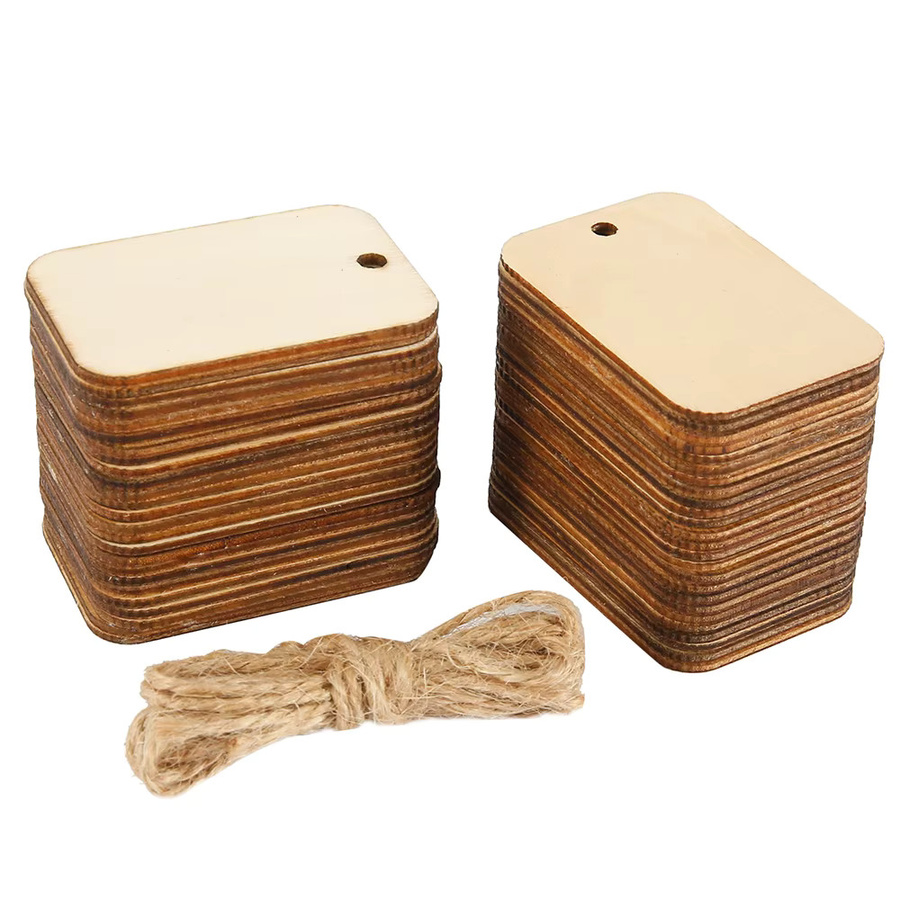 50 Stück rechteckige Holzscheiben aus Naturholz in Braun mit Seilen für deine DIY-Handwerksdekoration - Bild 3