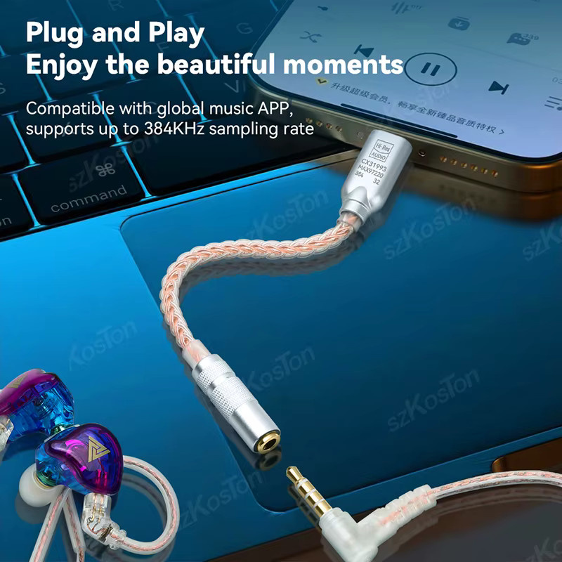 SZKOSTON USB Typ C auf 3,5 mm Audio Adapter mit CX31993 und MAX97220 Dual Chip, HiFi DAC Kopfhörerverstärker und Audio Decoder, Silber - Bild 2
