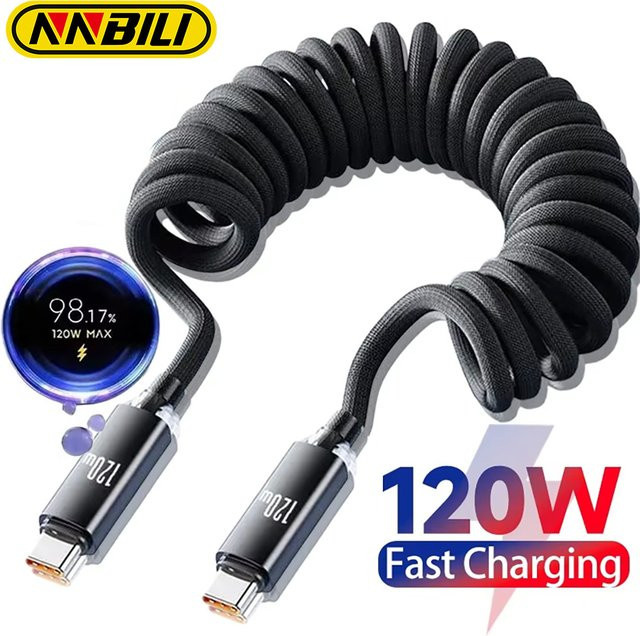 NNBILI 120 W Auto Ladegerät mit USB-C und USB-A Schnellladung und Feder-Teleskopkabel in Schwarz und Grün - Bild 1