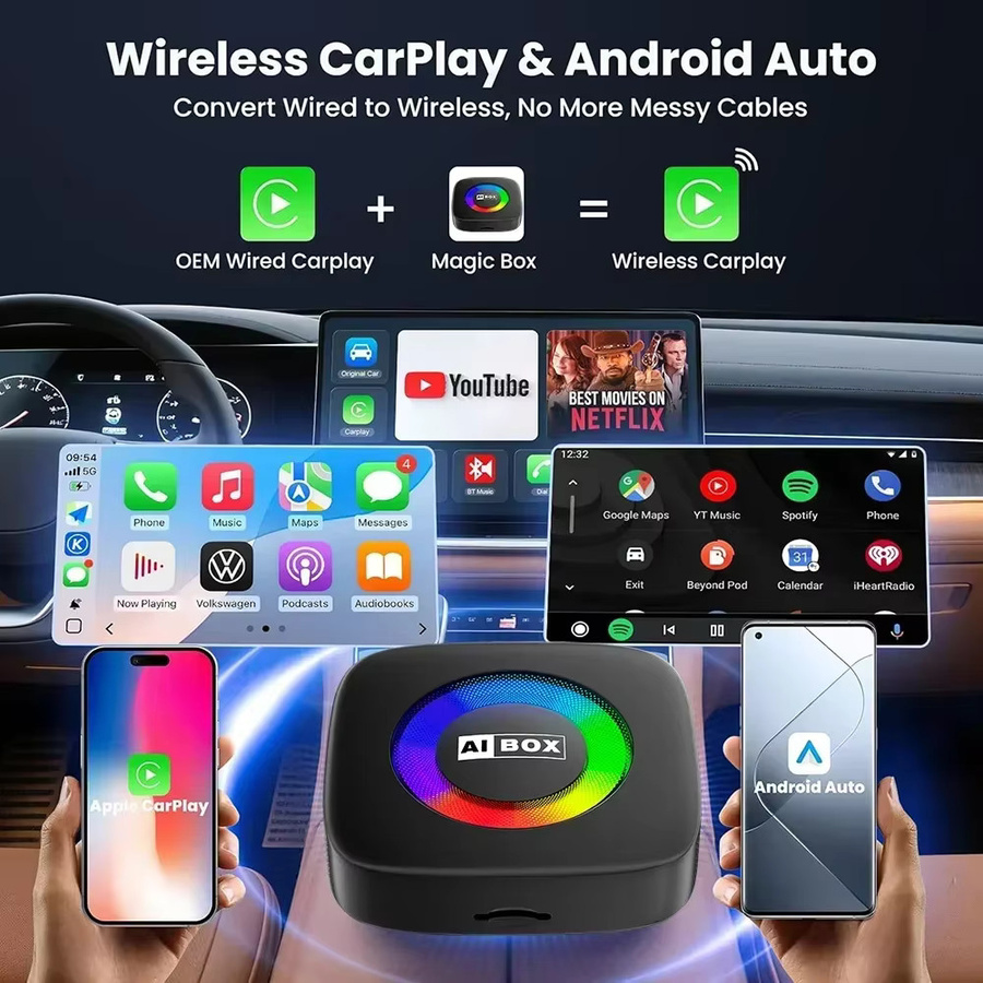 WDSZKMYF Android 14 Wireless CarPlay und Android Auto Adapter mit TV-Box Funktion für YouTube und Netflix in Schwarz - Bild 3