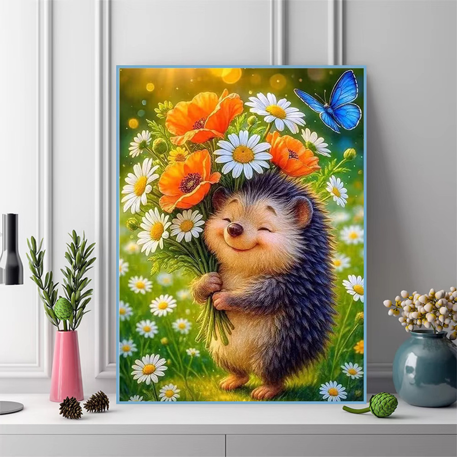 Momoart Diamantmalerei Igel mit Gänseblümchen und Mohnblumen DIY Mosaik Set für Erwachsene in Multicolour - Bild 3
