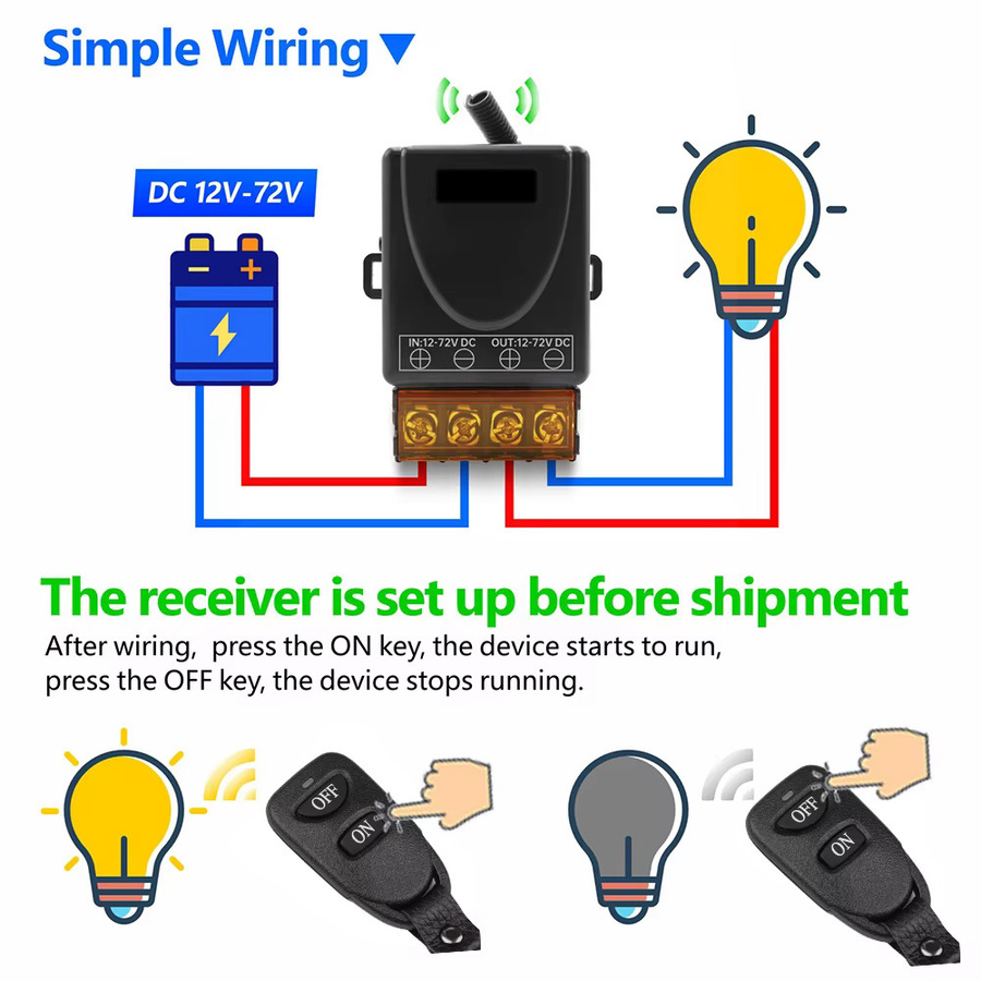 CENTURY AOKE Smart Home RF Funkfernbedienungsschalter 433MHz DC 12V 24V 36V 48V 30A Relais für Licht, Lampe, Wasserpumpe und Türzugangssystem in Schwarz - Bild 4