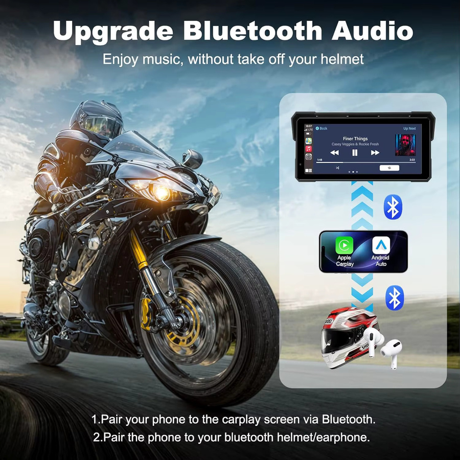 JMCQ Motorrad CarPlay DVR mit 8,1 Zoll Display, 4K UHD Dual Lens Kamera, GPS Navigation und Android Auto, IPX7 wasserdicht, Schwarz - Bild 3