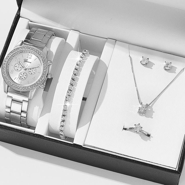 Schmuck-Set mit Armbanduhr, Zinklegierung, Silber, Kristall, Damen - Bild 1