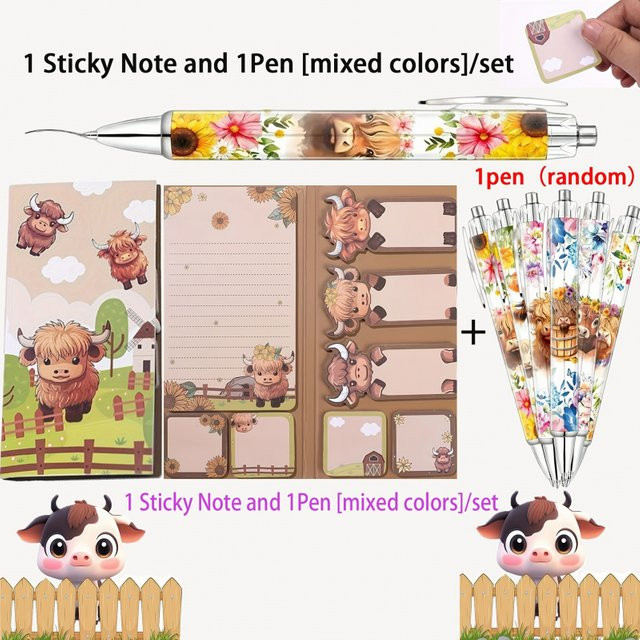 Highland Cow Set mit Haftnotizen und Kugelschreiber in Multicolor mit 8 selbstklebenden Tier-Designs - Bild 1