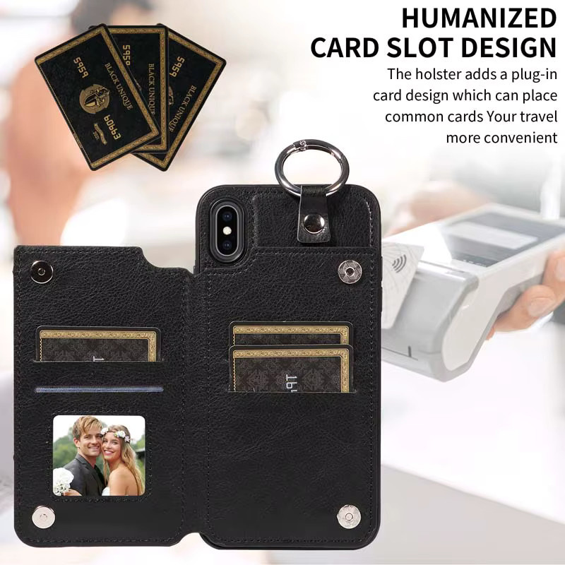 Leder-Brieftasche als Schutzhülle für iPhone 7 8 Plus X XR XS Max SE 2020 SE2 mit Kartenfächern und doppeltem Magnetverschluss in Schwarz - Bild 2