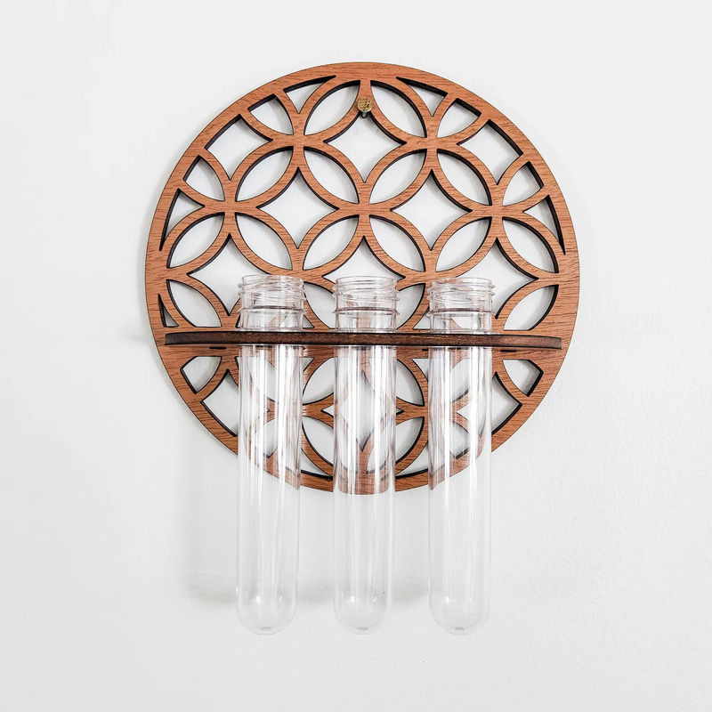 Runder Wandpflanzenhalter aus Holz in Braun mit 3 transparenten Glas-Reagenzgläsern für Schnittblumen und Pflanzenvermehrung im skandinavischen Design - Bild 4