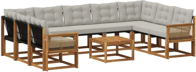 vidaXL Outdoor-Sofagarnitur L-Form aus Massivholz Akazie mit 10 Kissen in Natur und Hellgrau - Bild 1