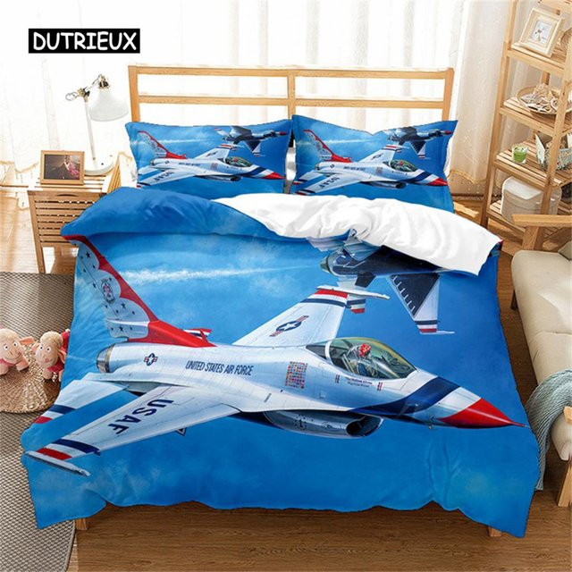 Bettwäsche-Set mit Kampfflugzeug-Motiv für Kinder und Jugendliche, Blau, Microfaser, B/H: 180 x 210 cm - Bild 1