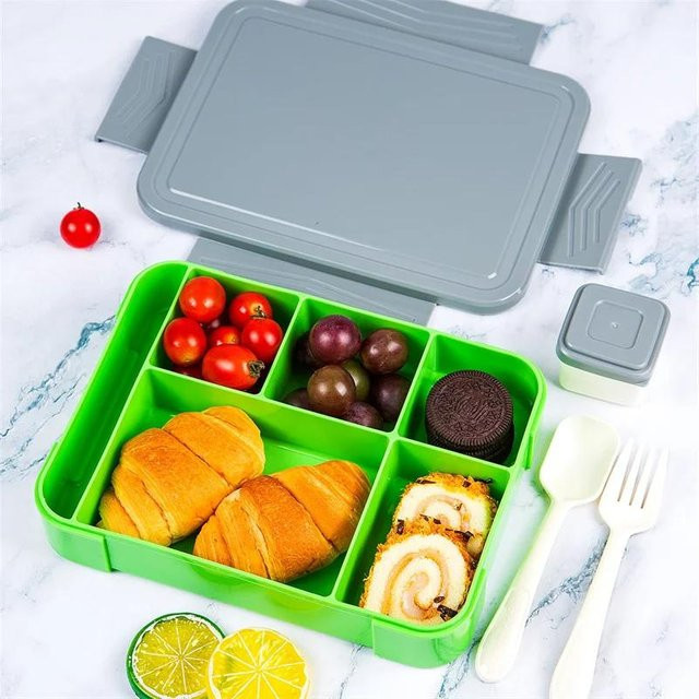 Grüne Bento Box Lunchbox für Erwachsene mit 6 Fächern und Besteck, 1330 ml, mikrowellengeeignet und auslaufsicher - Bild 1