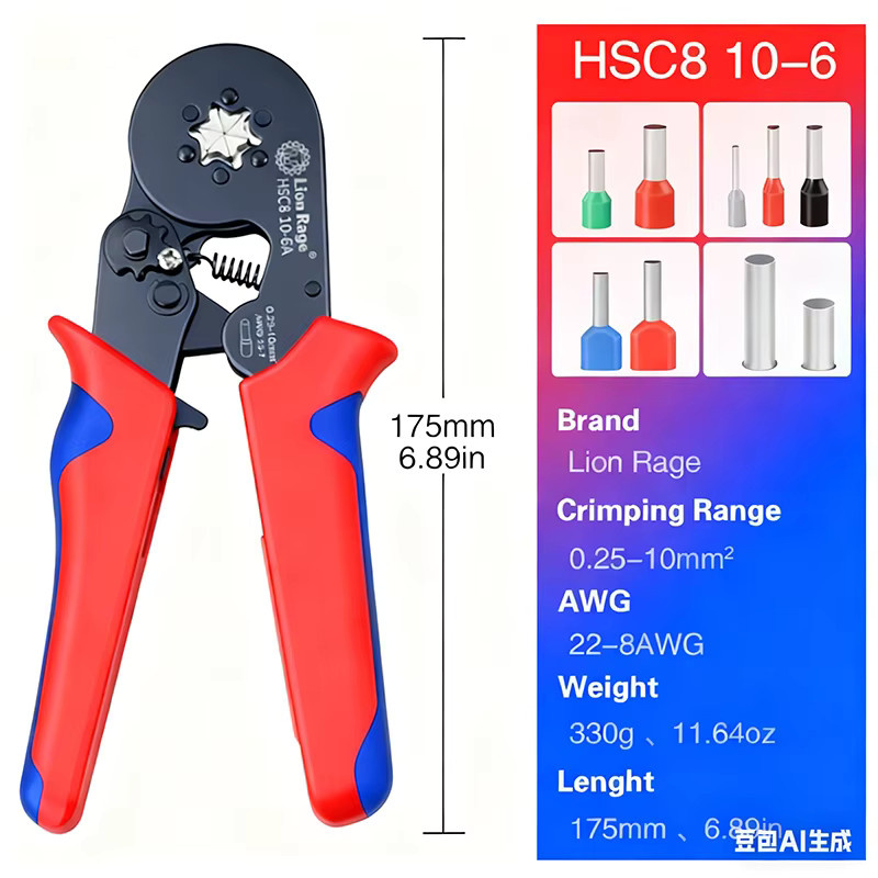 Lion Rage HSC8 10–6 Aderendhülsen-Crimpzange in Rot für professionelle Elektroreparaturen und DIY-Projekte - Bild 3