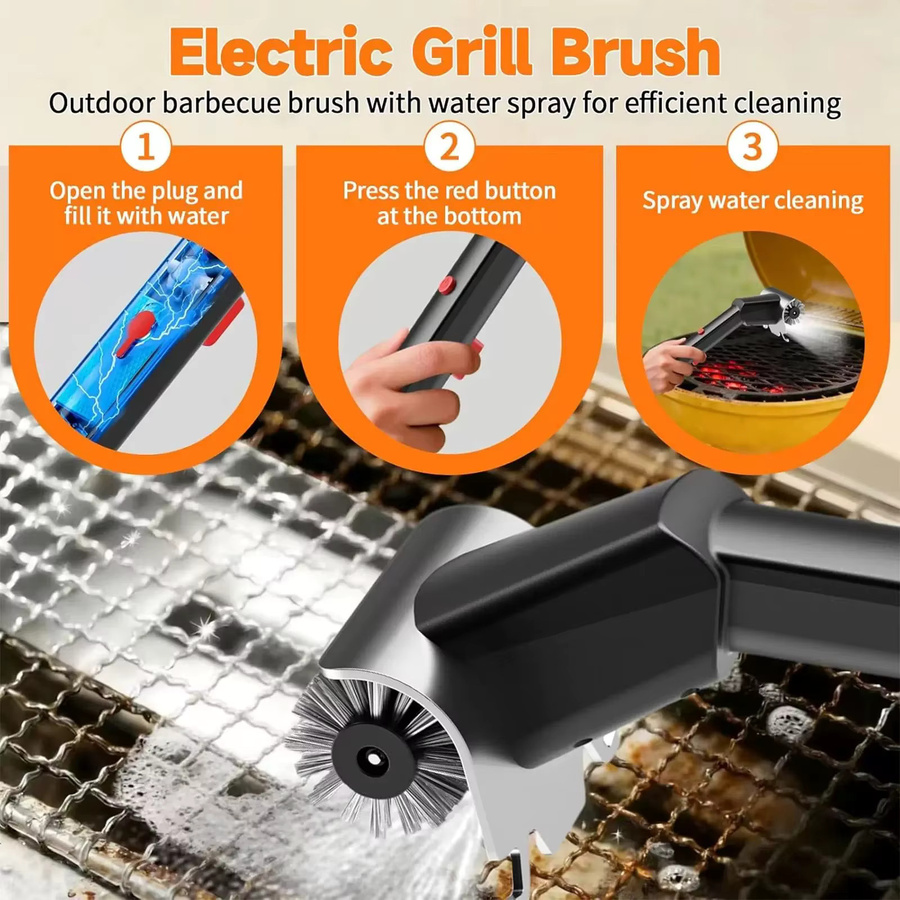 TINSOL Elektrische Sprühreinigungsbürste für Grill in Schwarz und Silber mit Edelstahl-Drahtbürste und harten Borsten als Doppelrad-Küchenreinigungswerkzeug - Bild 2