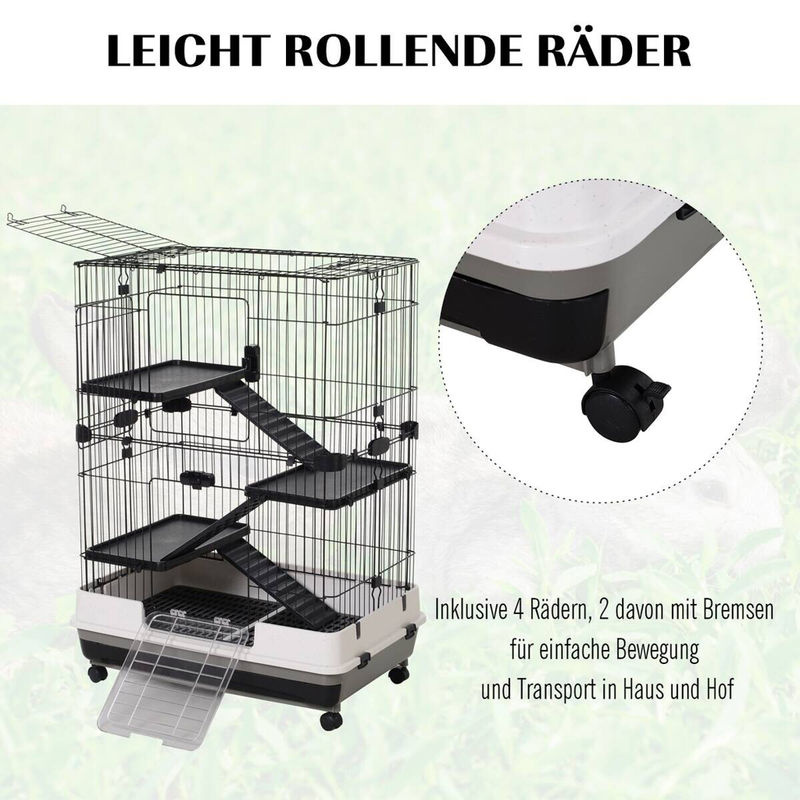 PawHut Kleintierkäfig aus pulverbeschichtetem Metall mit 4 Rollen und 2 Plattformen, Schwarz, B: 81,2 cm, T: 52,7 cm, H: 110 cm - Bild 4