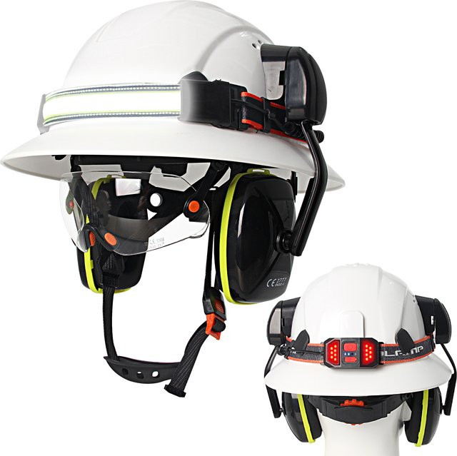 Aolamegs Industriearbeitshelm mit Stirnlampe, Schutzbrille und Ohrenschützern, CE-zertifizierter Sicherheitshelm mit voller Krempe und atmungsaktiver Konstruktion - Bild 1