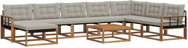 vidaXL 9-tlg. Outdoor-Sofagarnitur in L-Form aus Akazienholz und Textilene mit Kissen, Farbe: Natur und Hellgrau - Bild 1