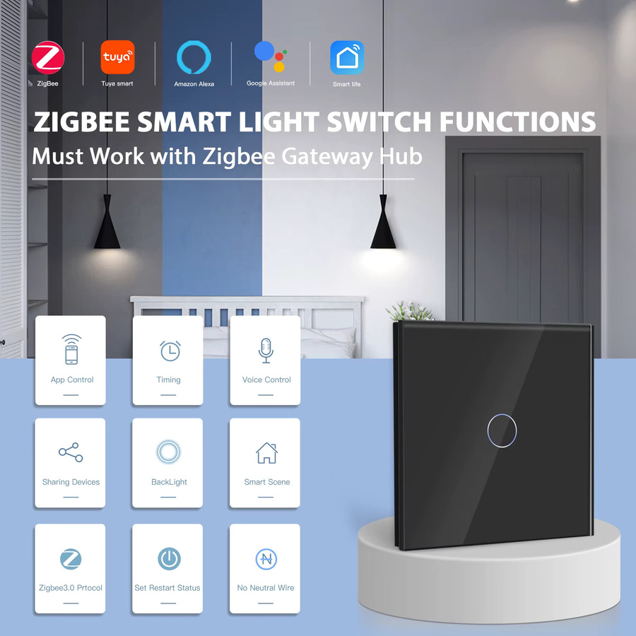 Bseed ZigBee Smart Wandlichtschalter 3-Gang Touch Schalter in Weiß mit Tuya Smart Life und Google Assistant Sprachsteuerung (EU Standard) - Bild 2