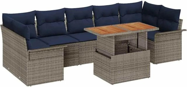 vidaXL Gartensofa-Set aus Poly-Rattan mit 8 Kissen in Grau und Marineblau inklusive Gartentisch - Bild 1