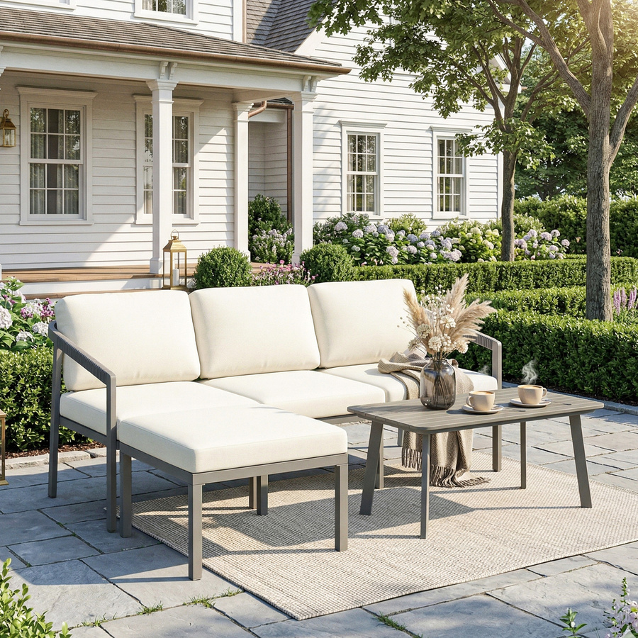 Outsunny 3-teiliges Gartenmöbel-Set in L-Form mit 3-Sitzer Ecksofa, Fußhocker und Couchtisch, Braun und Beige - Bild 2