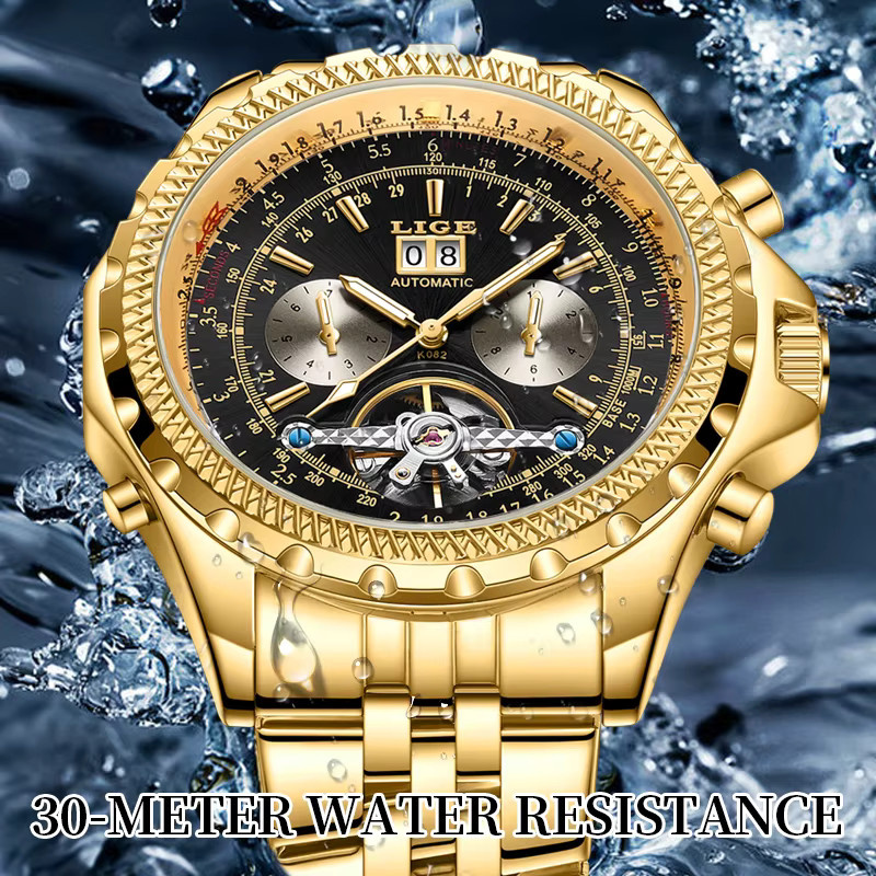 LIGE Chronograph, Automatik, Edelstahl, Schwarz, Herren - Bild 5