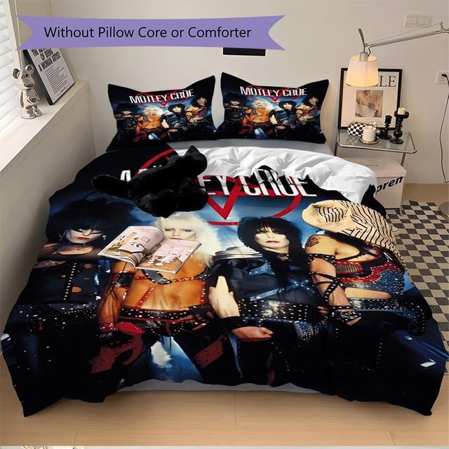 3-teiliges Motley Crue Glam Metal Bettwäsche-Set in Schwarz, bestehend aus 1 Bettbezug und 2 Kissenbezügen, B/H: 220 x 240 cm - Bild 1
