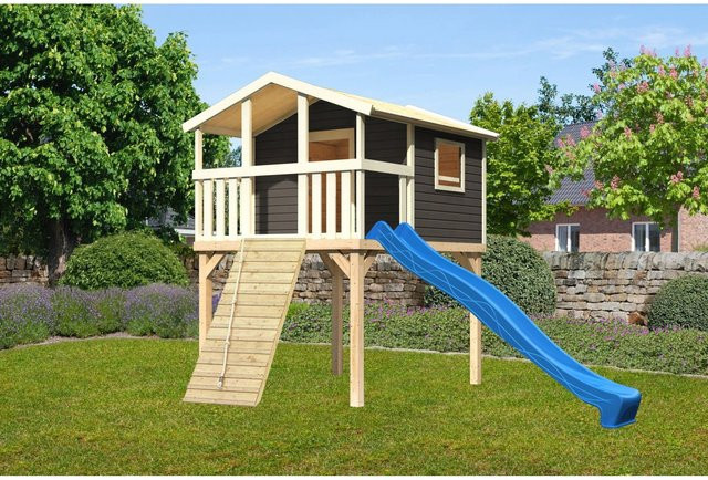 Karibu Stelzenhaus Benjamin Spielturm Set in Terragrau mit Holzrampe und Rutsche, B/H/T: 198 x 309 x 244 cm - Bild 1