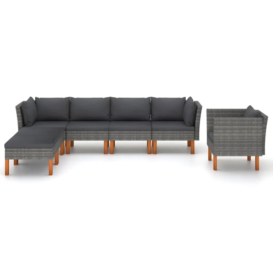 vidaXL 7-tlg Garten-Lounge-Set aus Polyrattan und Eukalyptusholz in Grau/Anthrazit mit Polsterung und Ottoman in L-Form - Bild 2