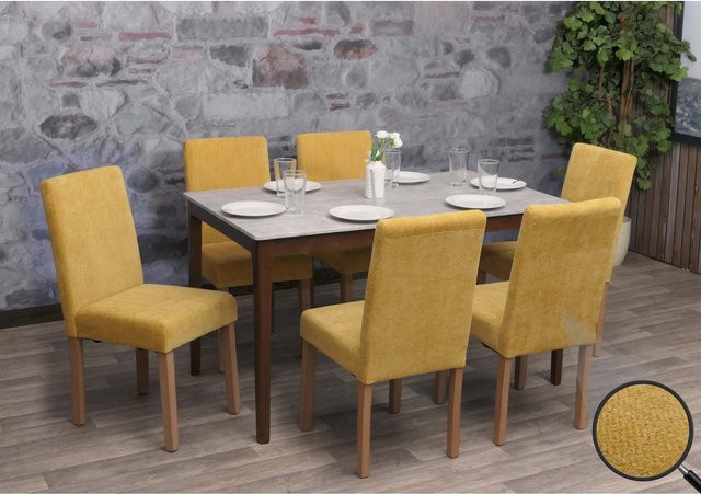 6er-Set Esszimmerstühle Littau von MCW aus Chenille-Stoff mit Holzbeinen in Gelb - Bild 1