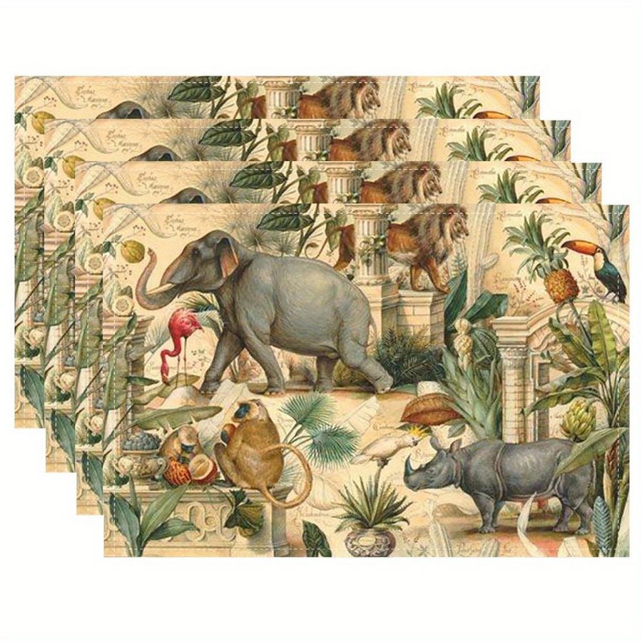 JF TableLinen Set mit 4 Tischsets aus Leinen mit exotischen Dschungel Safari Tier-Illustrationen im Vintage-Stil, Mehrfarbig, Rechteckig - Bild 2